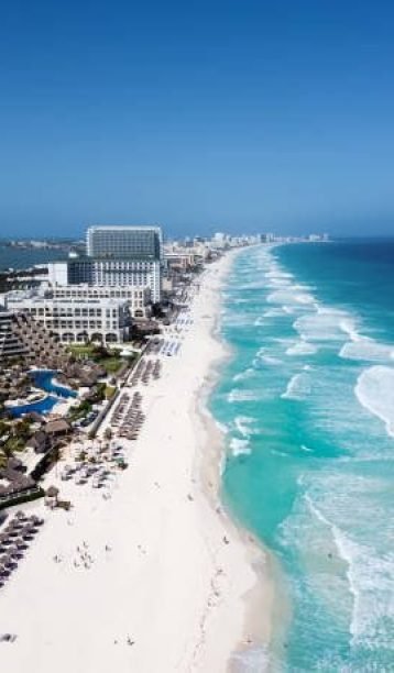 Drone photo Playa Ballenas, Cancun, Quintana Roo, Mexico. Only the caribbean blue sea and white sandy beaches can be seen